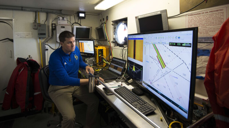 Dr. Art Trembanis of the University of Delaware oversees exploratory survey operations in May 2017. The university partnered with Thunder Bay National Marine Sanctuary to operate an EdgeTech 6205 Bathymetric Side Scan Sonar from NOAA vessel R8001 and completed nearly 100 square miles of acoustic scanning off Presque Isle, Michigan.