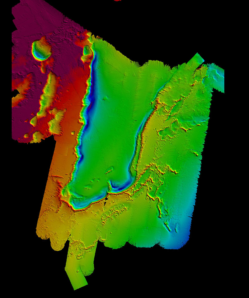 Map of the newly discovered reef complex off the coast of South Carolina. The linear reefs can be seen on the right of the image as a series of mounds and ridges in red and yellow against the green and blue background. Depths are shown by color, and range from approximately 900 meters (blue) to 700 meters (red). The total length of all of the linear features is approximately 85 miles. The total length of all of the linear features is approximately 85 miles. Bathymetry data collected by NOAA Ship Okeanos Explorer Windows to the Deep 2018 expedition and R/V Atlantis AT-41, and map created by Meme Lobecker and Jason Chaytor.
