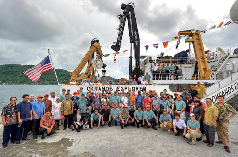 Following the joint expedition's closing ceremony, Chief Bosun Carl VerPlanck coralled participants for a final group photo. Available crew members from both NOAA Ship Okeanos Explorer and the Indonesian Research Vessel Baruna Jaya IV, as well as technicians, scientists and program managers are pictured.