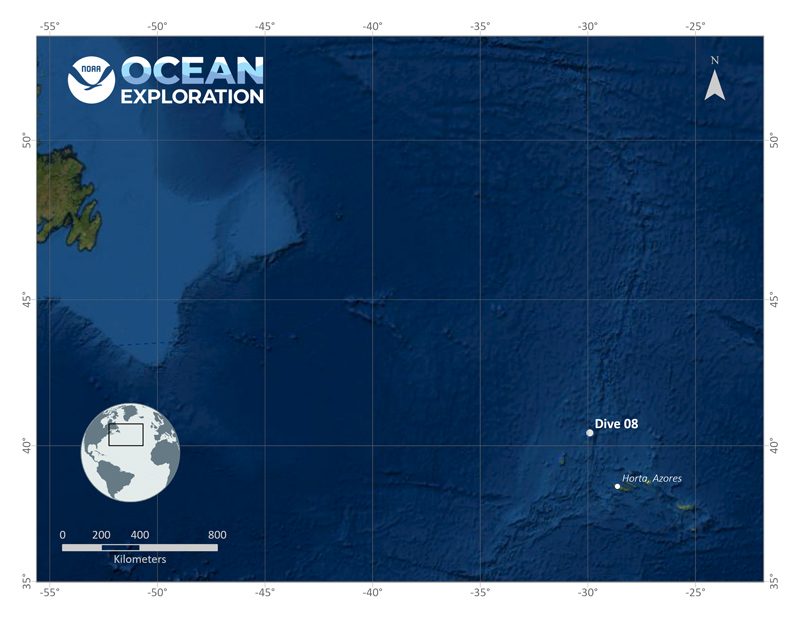 Map showing the location of Voyage to the Ridge 2022 Expedition 2 Dive 08: Redonda.