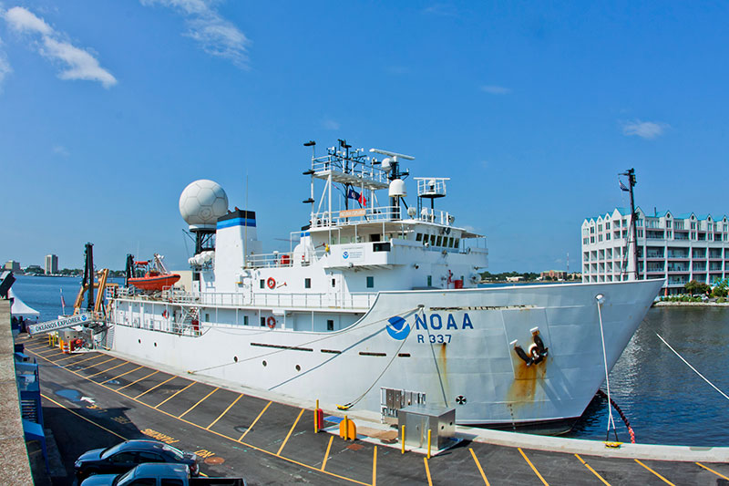 NOAA Ship Okeanos Explorer is docked in Norfolk awaiting a June 2012 cruise to map the mid-Atlantic's deep water canyons. The ship is one of four NOAA vessels conducting complementary science operations on Atlantic undersea canyons in 2012.