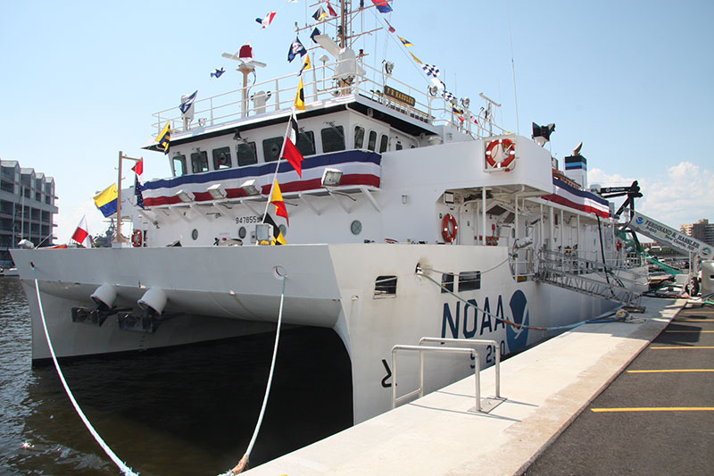 NOAA Ship Ferdinand R. Hassler on commissioning day, June 8, 2012. Hassler is a Small Waterplane Area – Twin Hull (SWATH) vessel optimized for coastal ocean mapping.