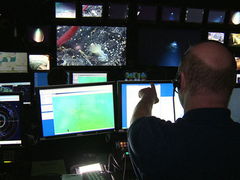 View of the NOAA Ship Okeanos Explorer Control Room during the discovery of the new vent field. Science Team Lead Tim Shank points toward a tiny juvenile tubeworm on the monitor.
