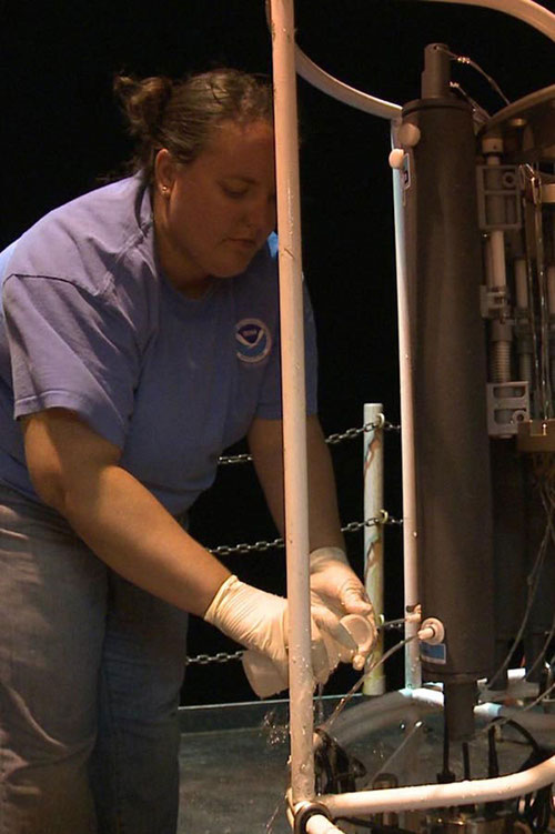 SST Peters collects water samples from a vertical cast conducted at the site of the strongest plume signal