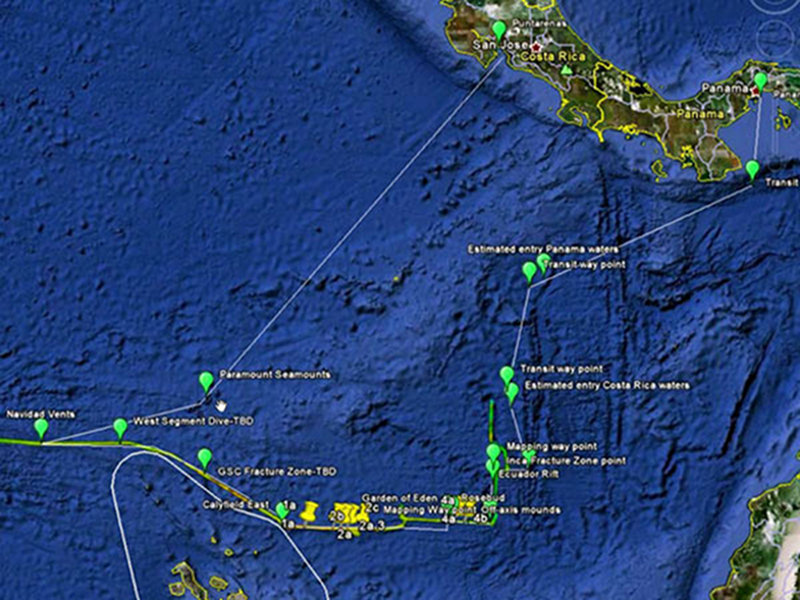 The original cruise plan overlaid in Google Earth, showing proposed dive targets 1-4.