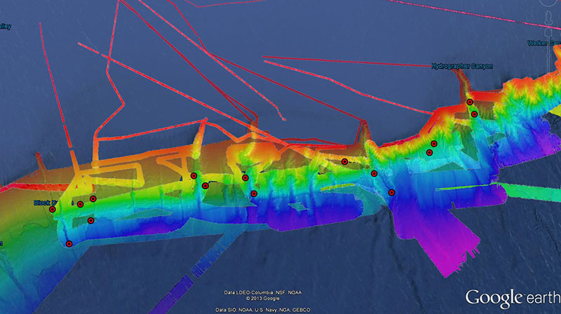 Bathymetric map summarizing operations conducted during Leg 1 of the Northeast U.S. Canyons 2013 Expedition. The grey background shows bathymetry data previous acquired by NOAA Ship Okeanos Explorer, and the colored bathymetry is new data acquired during the cruise. Also shown are the locations where ROV dives and CTD casts were conducted and XBTs were deployed to acquire data. 