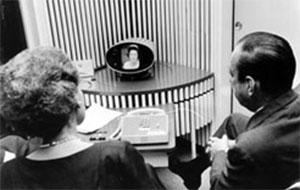 Mrs. Lyndon B. Johnson in Washington, DC, uses the PicturePhone to call Dr. Elizabeth Wood and then-Major Robert F. Wagner in New York City, in 1964. Mrs. Lyndon B. Johnson in Washington, DC, uses the PicturePhone to call Dr. Elizabeth Wood and then-Major Robert F. Wagner in New York City, in 1964.
