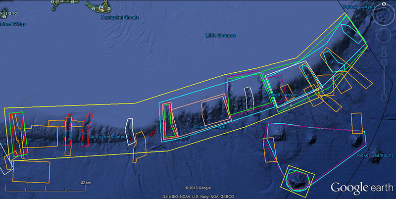 Google Earth map showing management interest in the expedition operating area. The yellow boxes represent the general expedition operating areas. Red boxes represent NOAA Deep Sea Coral Research and Technology Program priority areas. Purple boxes represent NOAA Office of National Marine Sanctuaries interests. The light blue boxes represent Northeast Fisheries Management Council interests. Green boxes represent Northeast Fisheries Science Center interests. Pink boxes represent Mid-Atlantic Regional Council on the Ocean state interests. Orange boxes represent U.S. Geological Survey areas of interest. The Northeast Regional Ocean Council also provided input. The red dots are the location of possible gas seeps detected by Okeanos Explorer’s EM302 multibeam sonar. White boxes represent recent work conducted by NOAA Ship Bigelow. The black line is the U.S. Exclusive Economic Zone. Image created in Google Earth.