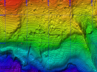 Multibeam map of the Dive 02 overlaid with the track of ROV Deep Discoverer.