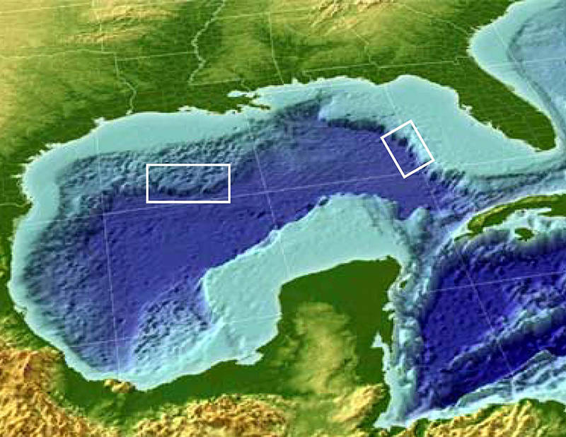 The two operating areas for Okeanos Explorer in April 2014.