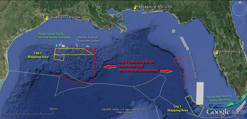The Gulf of Mexico Expedition is composed of three ‘legs’ focused on acquiring data in priority areas.