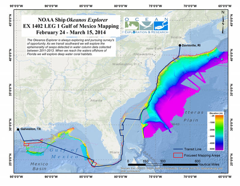 Map showing the area where the Okeanos Explorer plans to conduct operations during exploration expedition 14-02 Leg 1 in the Gulf of Mexico, USA.