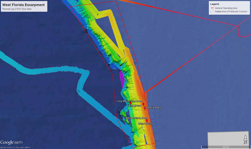 Map showing the area of the Northwest Gulf of Mexico for Leg 3 ROV operations.