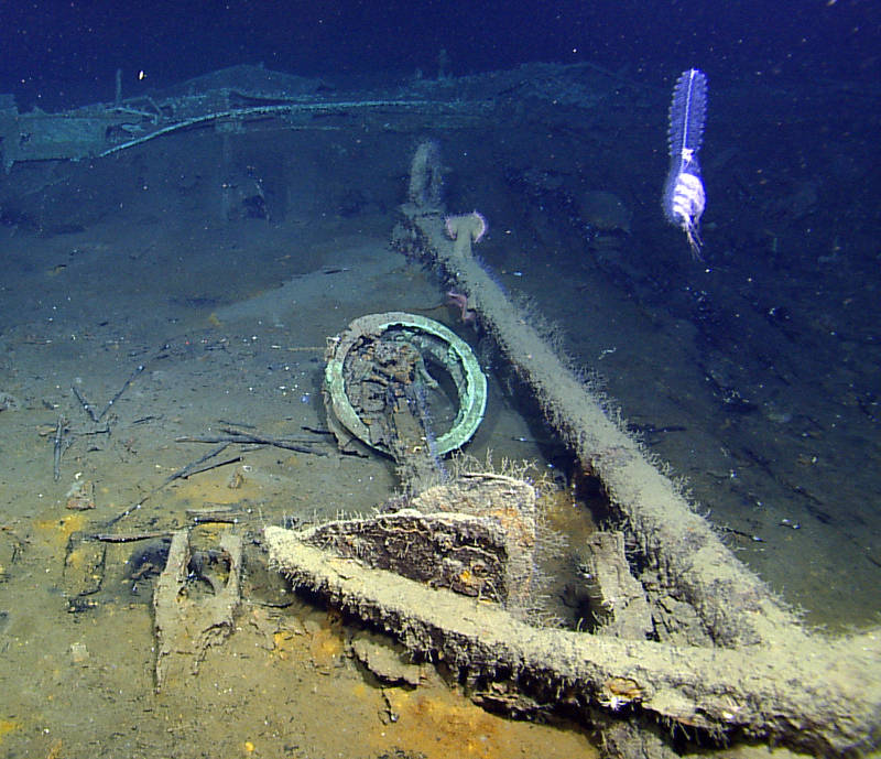 Lying next to an anchor are the remains of the capstan from the Monterrey C site in more than 4,300 feet of water.