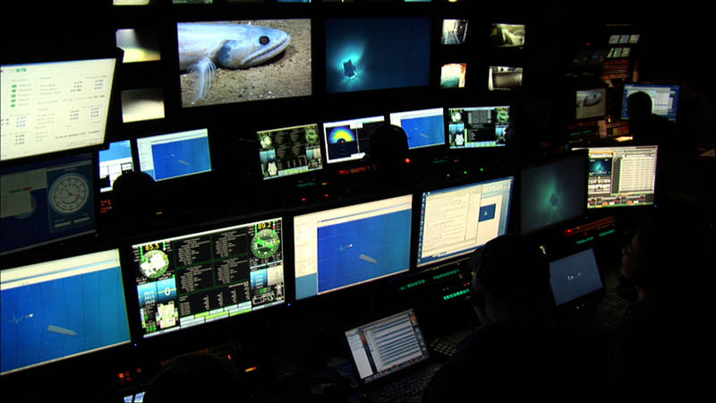 Okeanos Explorer’s control room as seen during an ROV dive.
