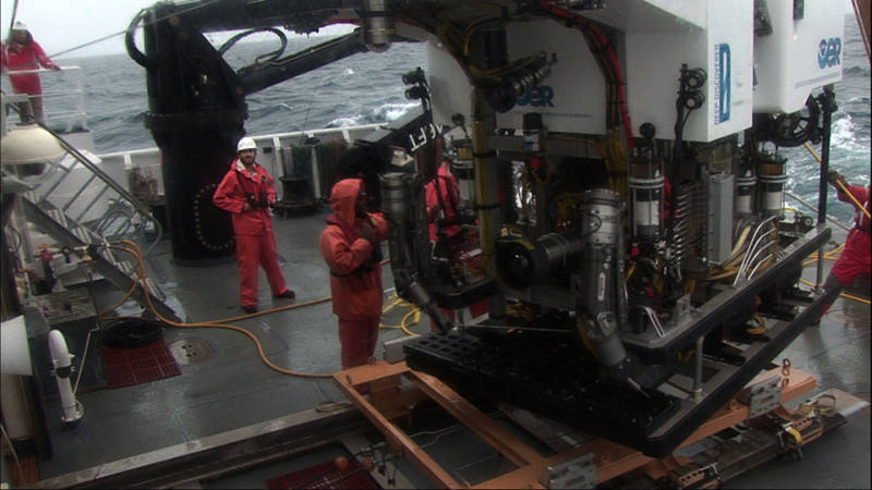 With winds over 25 knots, ROV Deep Discoverer had to be recovered before we reached the seafloor on Dive 6.