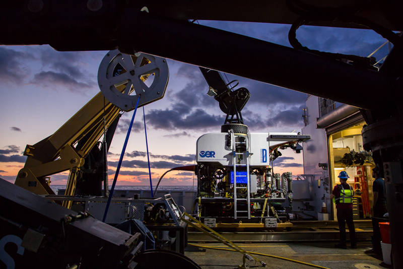 Remotely operated vehicles Deep Discoverer and Seirios are secured to the deck and ready for the first dive.