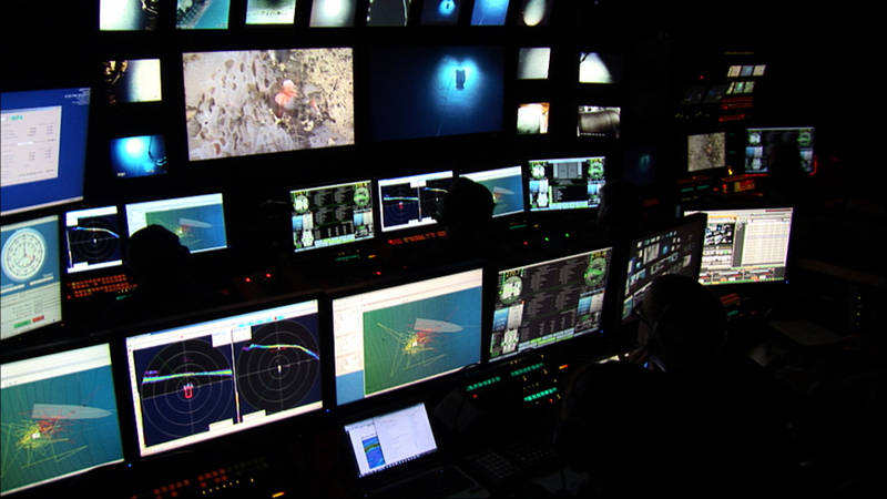 The view from the control room as Deep Discoverer collects high-resolution imagery of a deep-sea sponge.