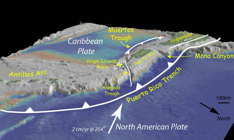 Bathymetry of the northeast corner of the Caribbean Plate showing the major faults and plate boundaries.