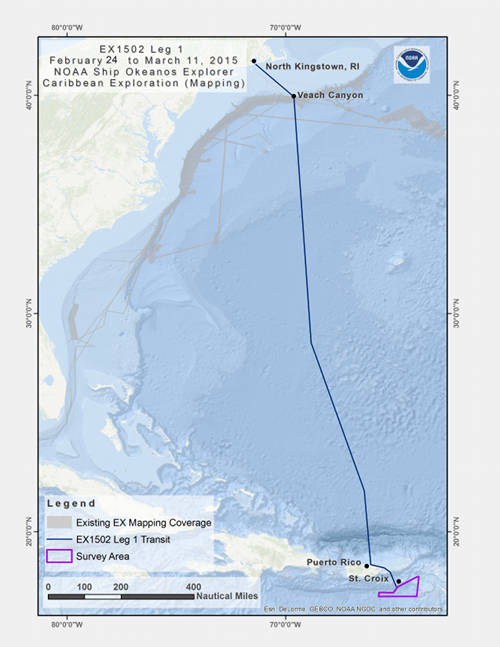 Map showing path of NOAA Ship Okeanos Explorer's transit to the Caribbean and the final survey area.