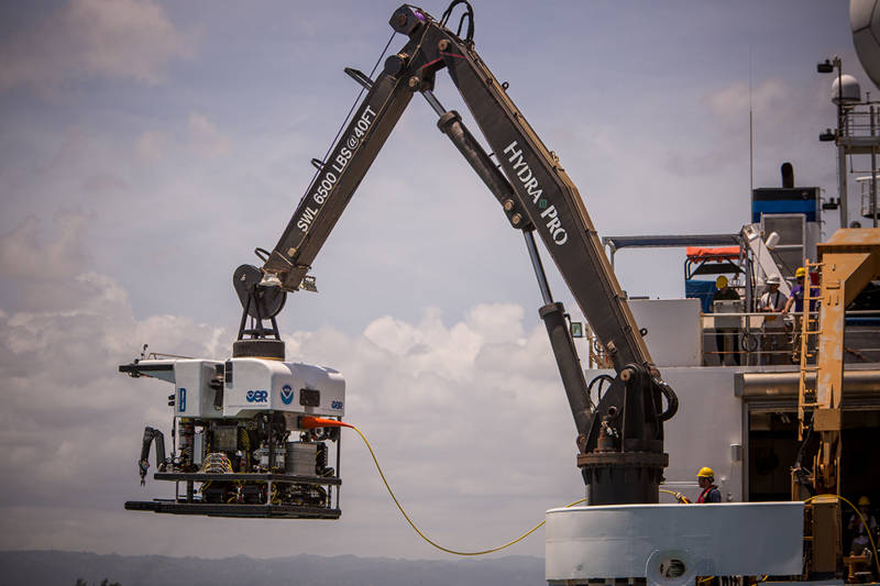 Remotely operated vehicle Deep Discoverer is deployed for a dive.