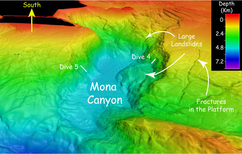 Multibeam sonar bathymetry of Mona Canyon showing large landslides.