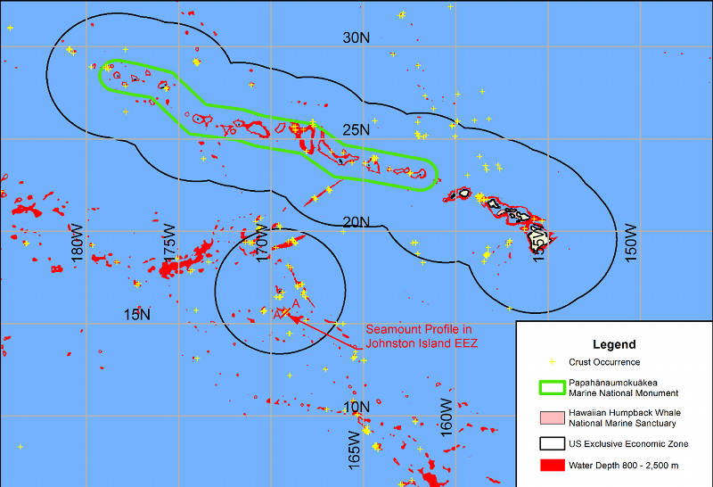  Water depths between 800 and 2,500m are delineated in red. This is the depth range of crusts thought to have the best economic development potential. Boundaries of the Papahānaumokuākea Marine National Monument Hawaiian Islands Humpback Whale National Marine Sanctuary and Johnston Atoll portion of the Pacific Remote Islands Marine National Monument are also shown.
