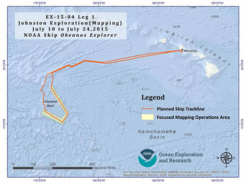 Cruise map showing the planned operations area for the initial mapping leg. The red line indicates the approximate trackline the ship will follow, and the yellow box indicates the priority area for focused ocean mapping operations.