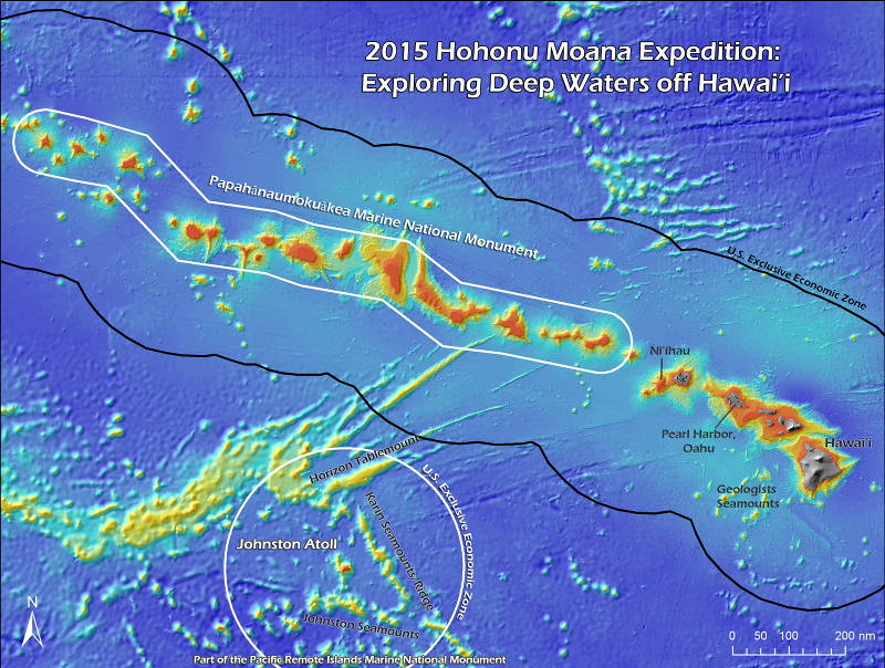 The project area to be explored: Papahānaumokuākea Marine National Monument and the Johnston Atoll Unit of the Pacific Remote Islands Marine National Monument.