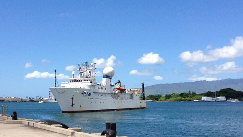NOAA Ship Okeanos Explorer makes a stop at Kilo pier to offload the ROVs at the conclusion of the 2015 field season