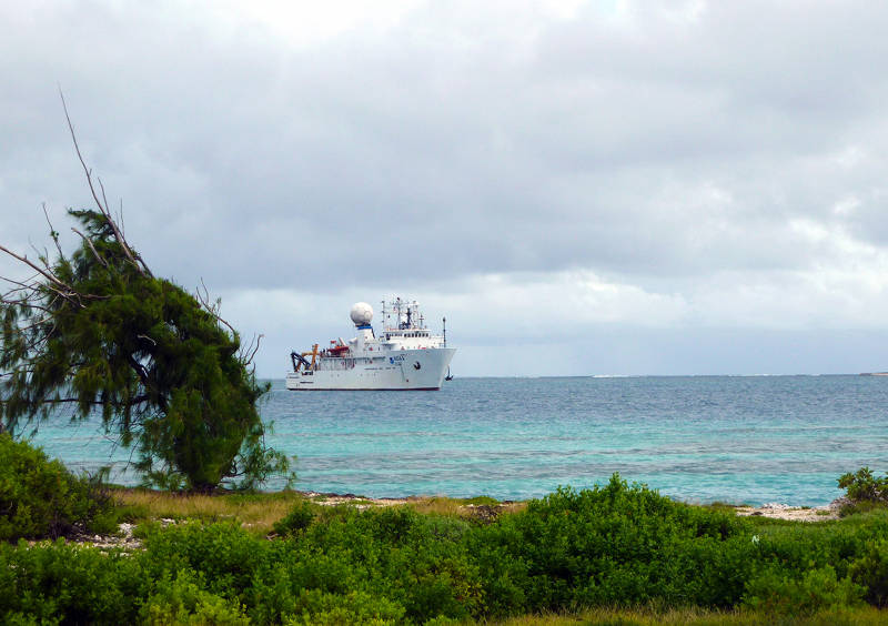 NOAA Ship Okeanos Explorer pulls into Johnston Atoll.