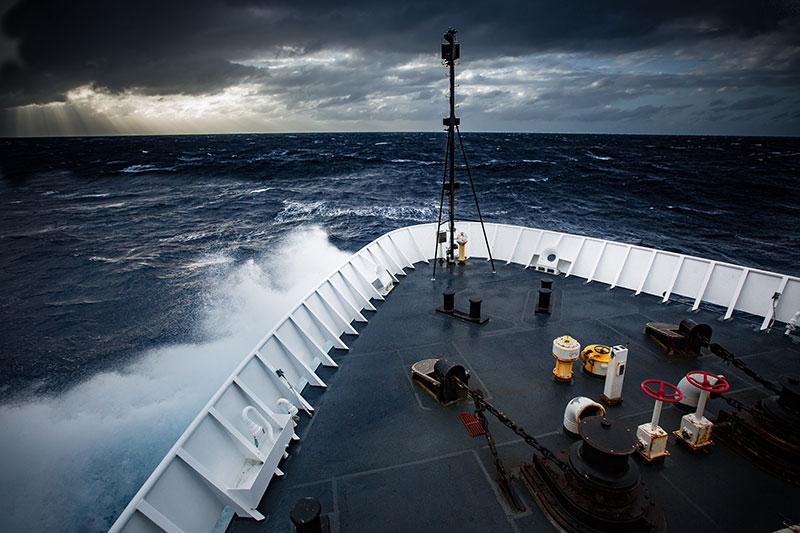 NOAA Ship Okeanos Explorer beats its way into heavy seas.