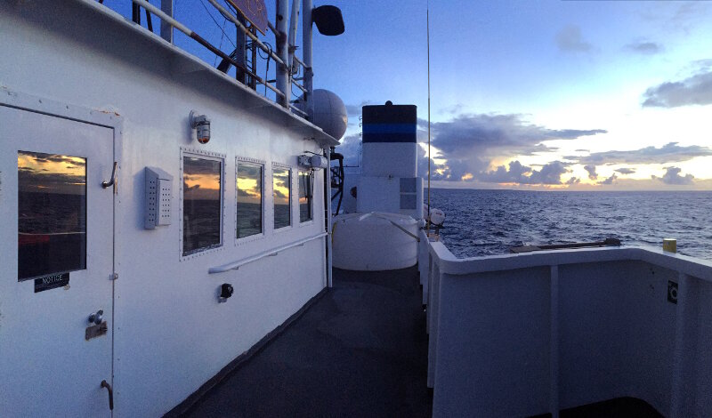 Sunrise aboard NOAA Ship Okeanos Explorer as the crew preps for another day of collecting critical baseline information in some of the most unknown areas of our ocean.
