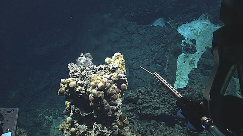 Hydrothermal chimney (white; approximately one meter tall) on top of hydrothermal mound (dark; ~10 meters tall); volcanic rocks in foreground.