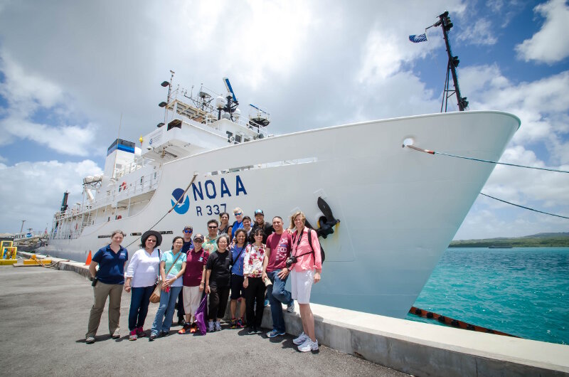 Ship tours were conducted in Guam before the start of Leg 1, and in Saipan after Leg 1 was completed, to share the expedition with educators, students, media, VIPs and the general public. Here, a group of teachers who took part in NOAA Office of Ocean Exploration and Research’s “Why Do We Explore” professional development workshop pose for a picture in front of the ship following a tour.