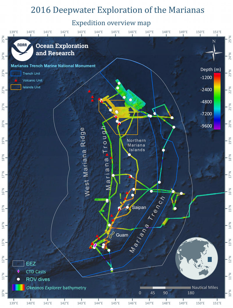 Overview map showing seafloor bathymetry, remotely operated vehicle (ROV) dives, and conductivity temperature and depth (CTD) casts conducted during the three-cruise Deepwater Exploration of the Marianas expedition. Bathymetry data collected during the transit to Guam prior to the start of the expedition is also shown.