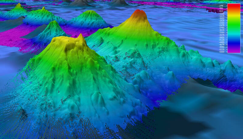 Multibeam bathymetry of Pao Pao Seamount (background) and an unnamed guyot (foreground) shows one example of nearby seamounts with very different geomorphology. Pao Pao Seamount comes to a very sharp peak at around 300 meters and shows steep flanks while the unnamed feature has a distinct flat top. Biological communities we find on these features may differ greatly at similar depth intervals despite being only 25 kilometers apart from each other.