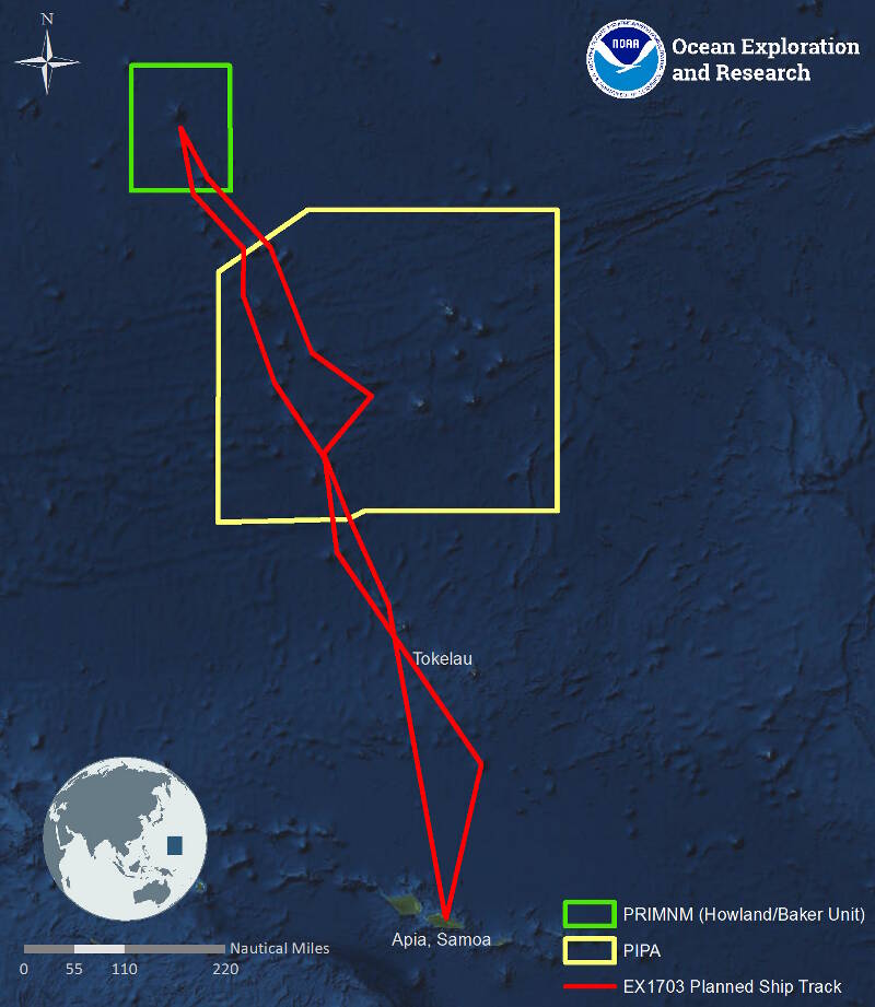 Map showing the general expedition operating area. The red line is the rough cruise track to and from PRIMNM during the expedition. The yellow shaded area is the Phoenix Islands Protected Area. The green box denotes the boundaries of the Howland and Baker Unit of the Pacific Remote Islands Marine National Monument.