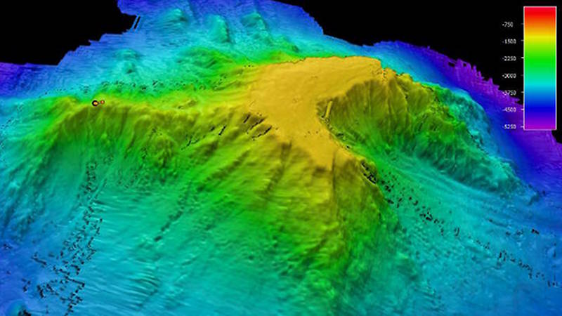 Bird's-eye view of Titov Seamount. Our dive was along the western ridge line, or tail of the seamount feature.