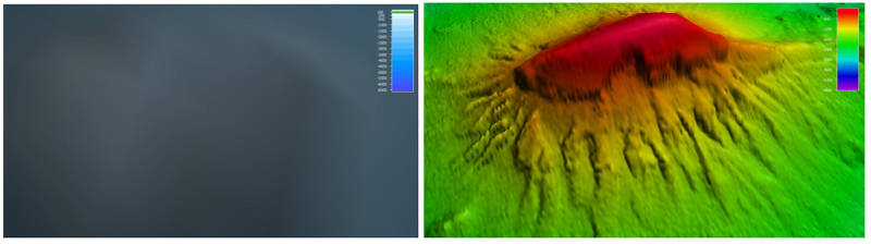 Example highlighting the importance of ship-based ocean mapping work. The left image shows Pao Pao Seamount as resolved from satellite-derived bathymetry (barely discernible bump). The right image shows the same feature as mapped with the ship's multibeam sonar – providing a detailed map with 50-meter resolution. This map was used for ROV dive planning.