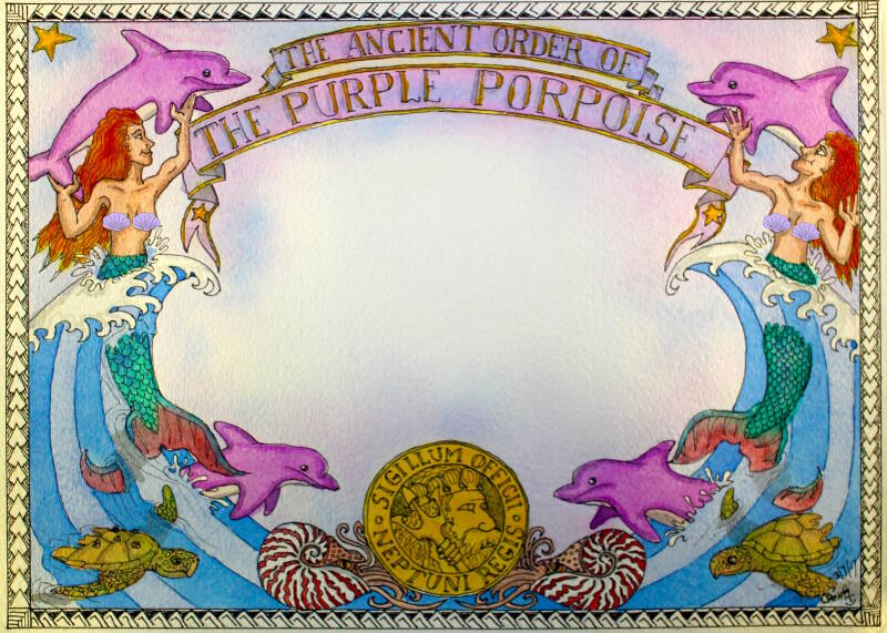 The Ancient Order of the Purple Porpoise certificate that the Okeanos Explorer team received as they crossed the junction of the Equator and the International Date Line at the Sacred Hour of the Vernal Equinox.