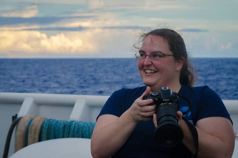 Annie White is taking still photos of the crew and staff on the Okeanos Explorer while they go about their daily tasks.