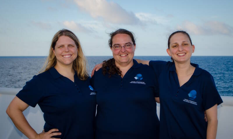 The women behind the highlight reels, Caitlin Bailey, Annie White, and Emily Narrow, onboard NOAA Ship Okeanos Explorer.