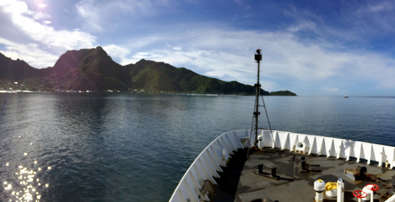 NOAA Ship Okeanos Explorer pulls out of Pago Pago, American Samoa and heads to the first dive site in the Aunuʻu Unit of the National Marine Sanctuary of American Samoa.