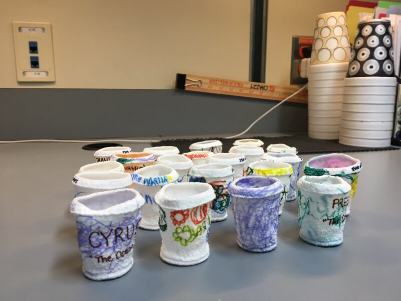 The shrunken cups designed by the children E Malama I Na Keiki O Lanai Pre School in Lanai City, Hawaii, after visiting 2,500 meters deep attached to the ROV Seirios on Dive 02 of the expedition.