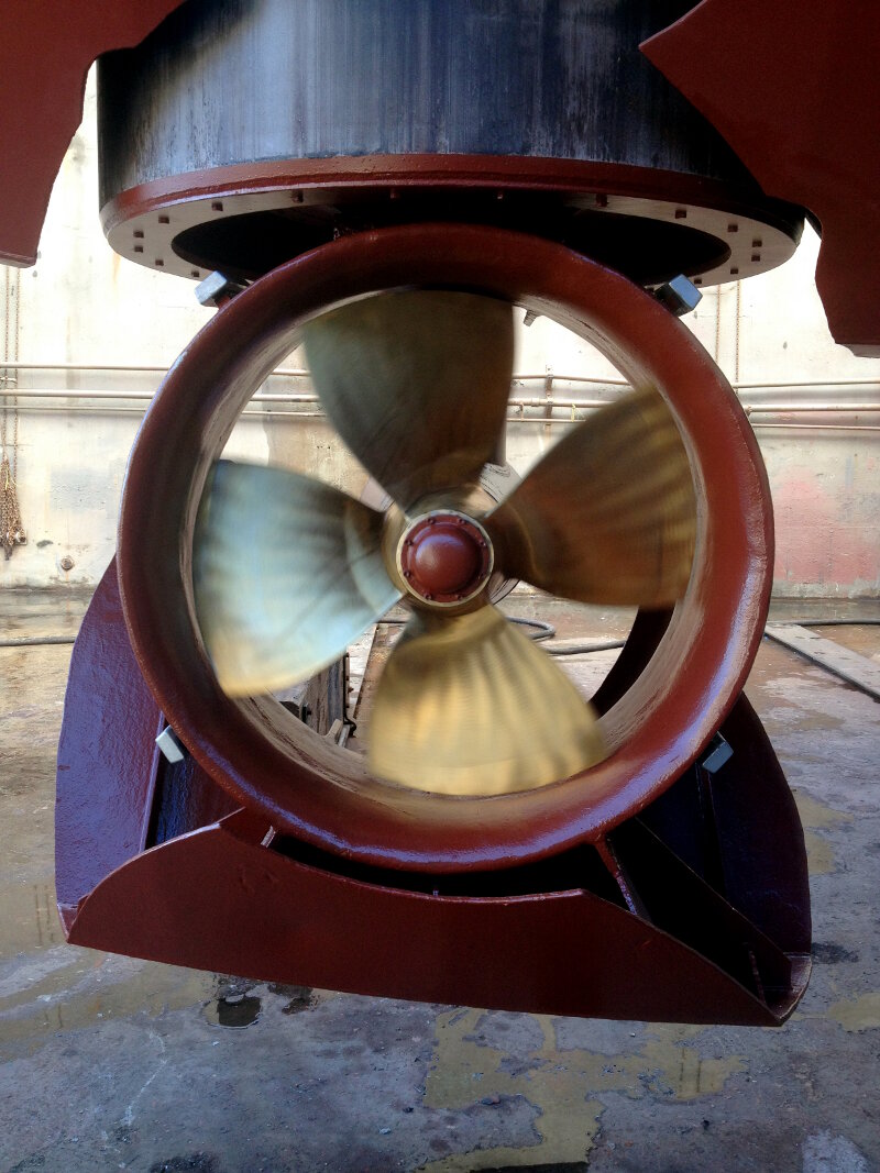 This bow thruster retracts into the ship. Notice the plating on the bottom, it is representative of the hull of the ship. We can either lower it or operate it inside the hull.
