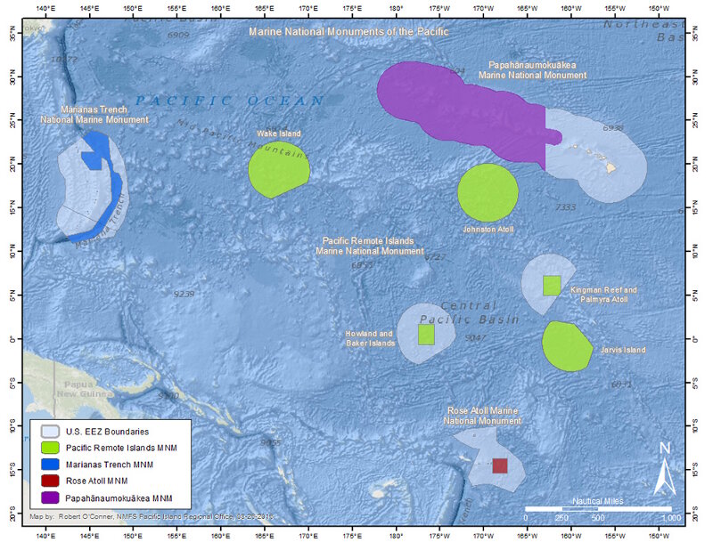 Pacific marine national monuments, along with U.S. Pacific Islands and associated Exclusive Economic Zones.