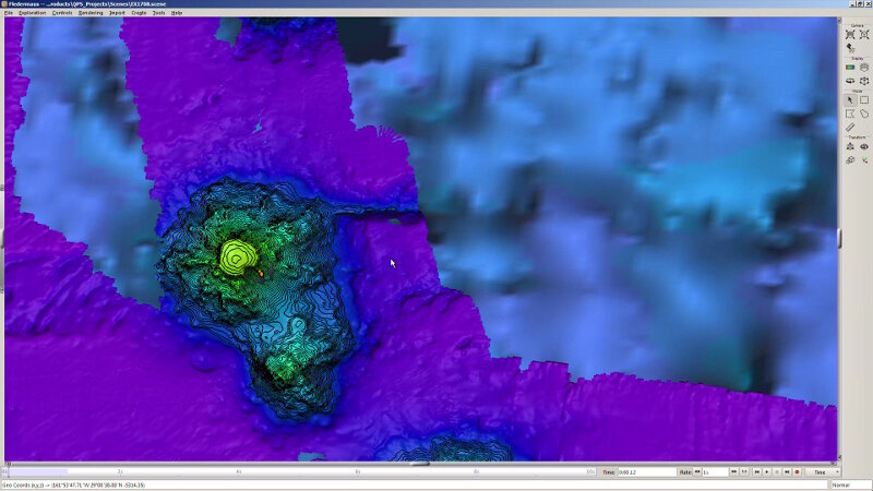 Figure 1. A possible volcanic ridge extends eastward from Liszt Seamount. Contoured bathymetry collected in transit and during dedicated mapping time during the telepresence mapping and ROV expeditions in the Musicians Seamounts.