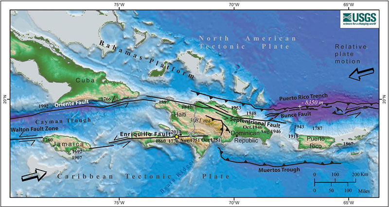 Map of the North American – Caribbean tectonic plate boundary. Colors denote depth below sea level and elevation on land. Bold numbers are the years of moderately large (larger than about magnitude 7) historical earthquakes written next to their approximate locations. Asterisk indicates the location of the January 12, 2010, Haiti earthquake. Barbed lines show the boundary where one plate or block plunges under the other one. Heavy lines with half arrows represent faults along which two blocks pass each other laterally. <em>Image courtesy of the U.S. Geological Survey.