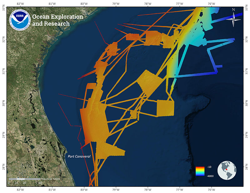 Image of all of NOAA Ship Okeanos Explorer mapping data collected in the Blake Plateau and Ridge region by NOAA OER since 2010 and prior to the current expedition.